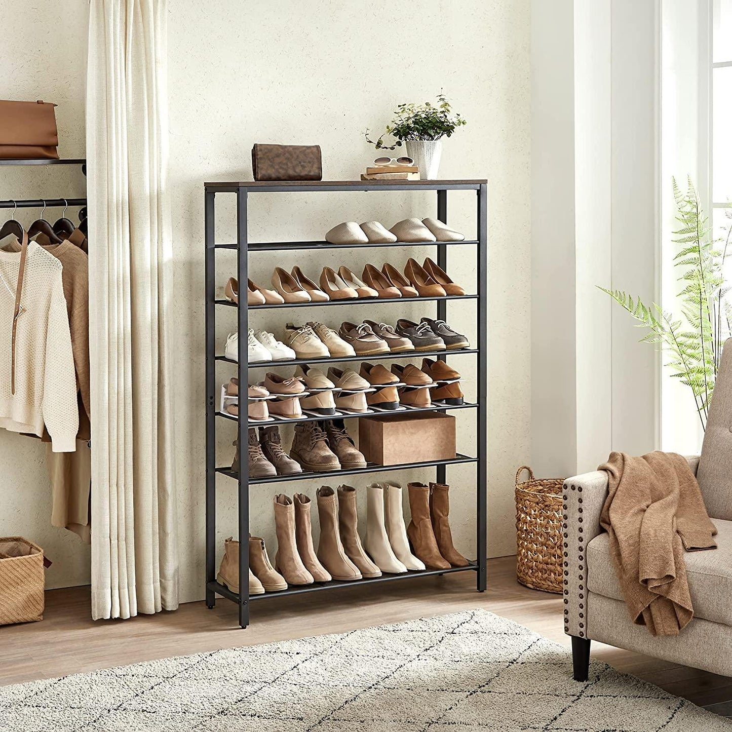 Shoe Rack with 7 Metal Shelves, Rustic Brown and Black FredCo