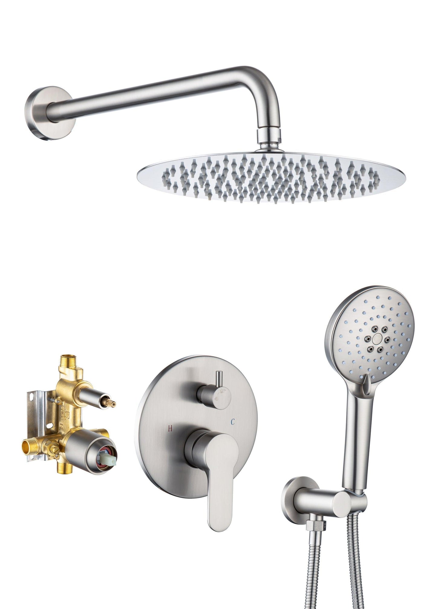 Shower Faucet Set, Wall Mount Round, 10 Inch Rain Shower Head with Spray, Solid Brass FredCo