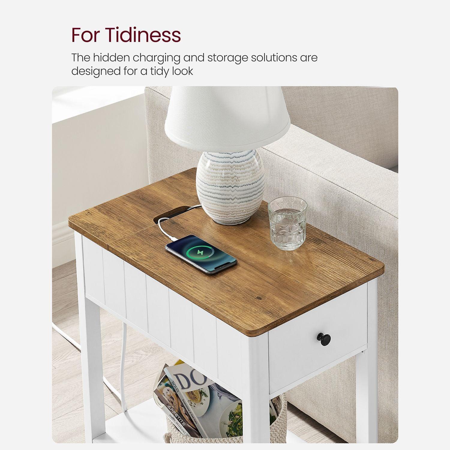 Side Table with Charging Station AC and USB White FredCo