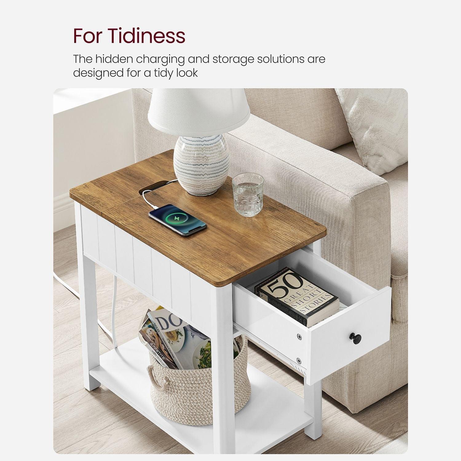 Side Table with Charging Station AC and USB White FredCo