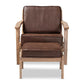 Sigrid Mid-Century Modern Dark Brown Faux Leather Effect Fabric Upholstered Antique Oak Finished 2-Piece Wood Armchair and Ottoman Set FredCo