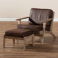 Sigrid Mid-Century Modern Dark Brown Faux Leather Effect Fabric Upholstered Antique Oak Finished 2-Piece Wood Armchair and Ottoman Set FredCo