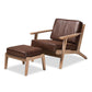 Sigrid Mid-Century Modern Dark Brown Faux Leather Effect Fabric Upholstered Antique Oak Finished 2-Piece Wood Armchair and Ottoman Set FredCo