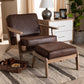 Sigrid Mid-Century Modern Dark Brown Faux Leather Effect Fabric Upholstered Antique Oak Finished 2-Piece Wood Armchair and Ottoman Set FredCo