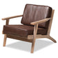 Sigrid Mid-Century Modern Dark Brown Faux Leather Effect Fabric Upholstered Antique Oak Finished 2-Piece Wood Armchair and Ottoman Set FredCo