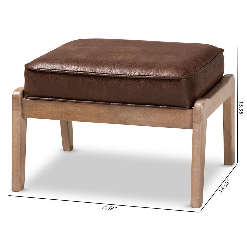 Sigrid Mid-Century Modern Dark Brown Faux Leather Effect Fabric Upholstered Antique Oak Finished Wood Ottoman FredCo