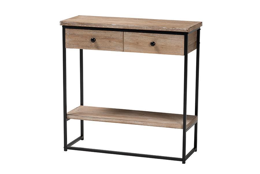 Silas Modern Industrial Natural Brown Finished Wood and Black Metal 2-Drawer Console Table FredCo