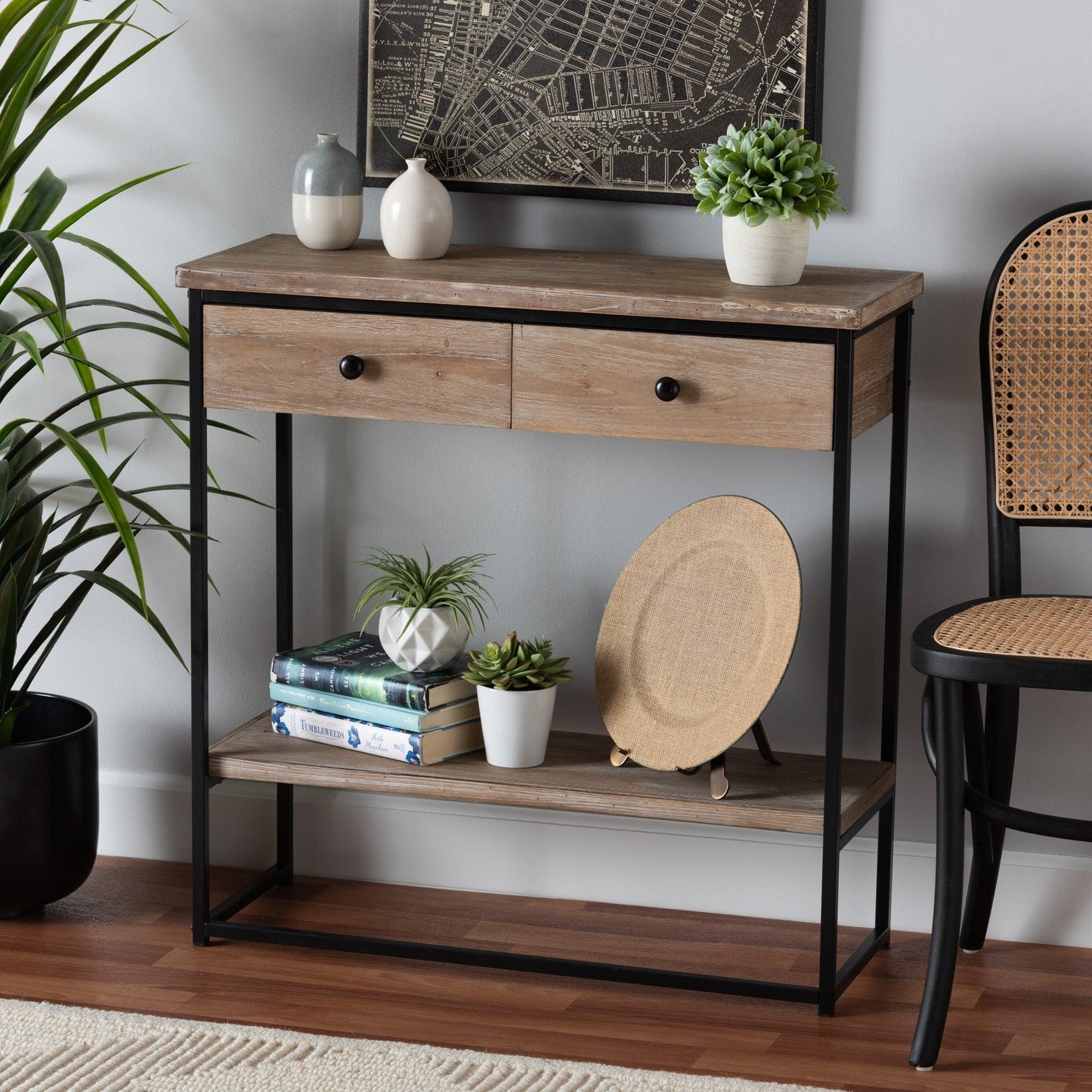 Silas Modern Industrial Natural Brown Finished Wood and Black Metal 2-Drawer Console Table FredCo