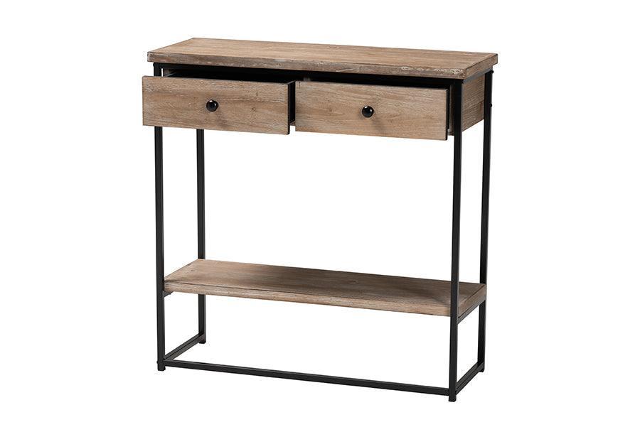 Silas Modern Industrial Natural Brown Finished Wood and Black Metal 2-Drawer Console Table FredCo