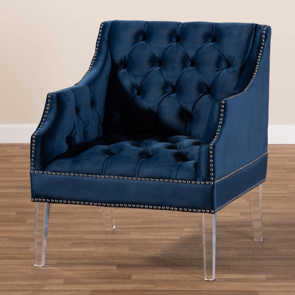 Silvana Modern and Contemporary Navy Velvet Fabric Upholstered Lounge Chair with Acrylic Legs FredCo