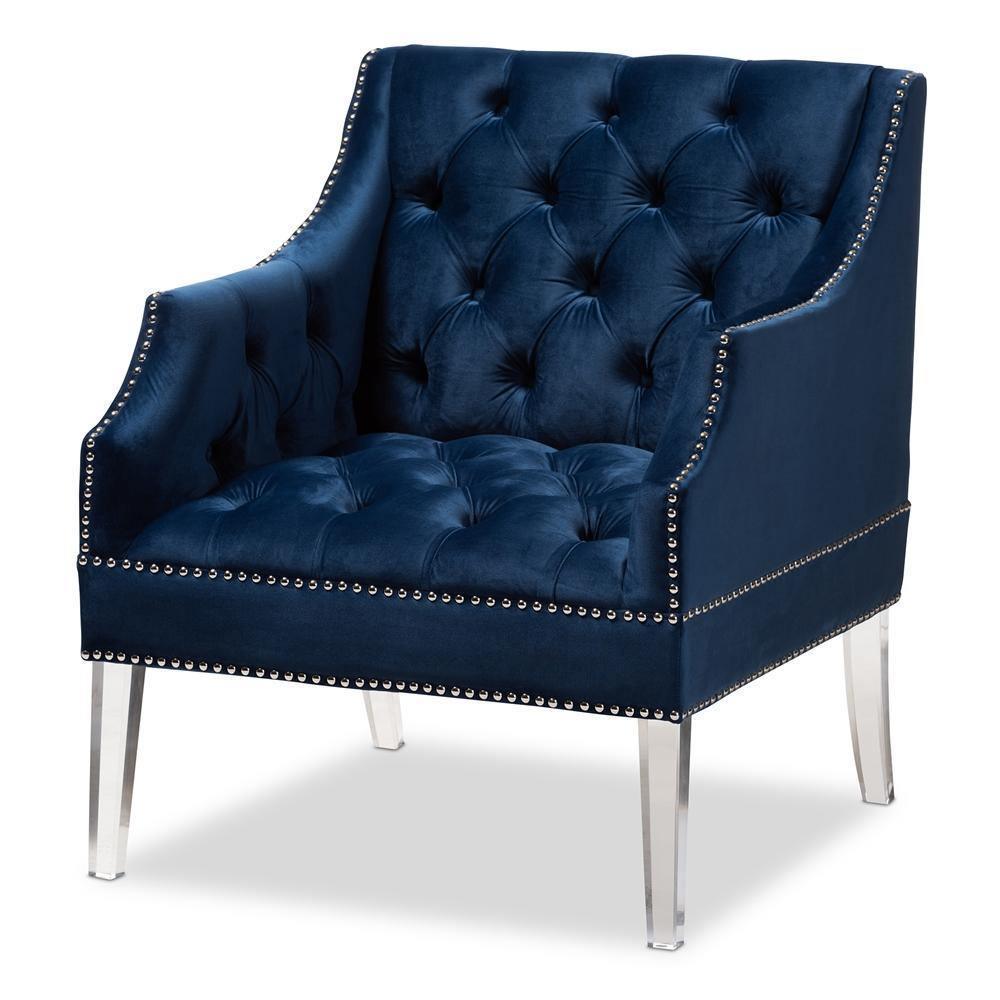 Silvana Modern and Contemporary Navy Velvet Fabric Upholstered Lounge Chair with Acrylic Legs FredCo