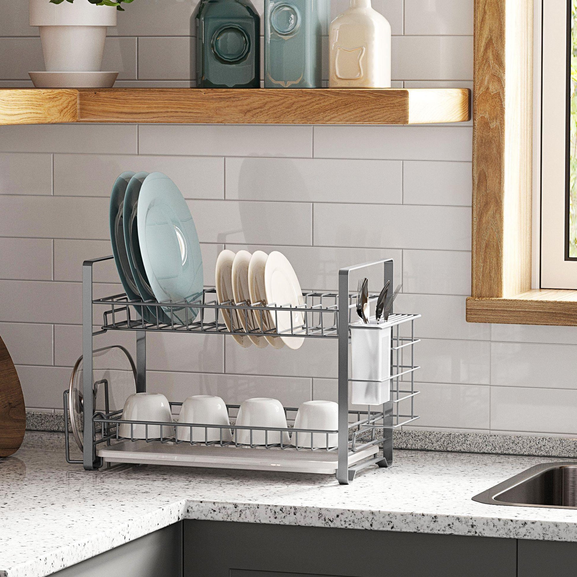 Silver 2-Tier Dish Drainer with Knife Holder FredCo