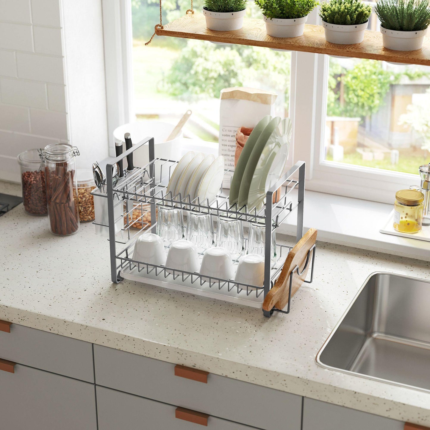 Silver 2-Tier Dish Drainer with Knife Holder FredCo