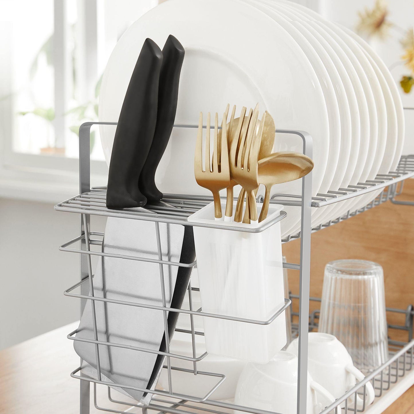 Silver 2-Tier Dish Drainer with Knife Holder FredCo