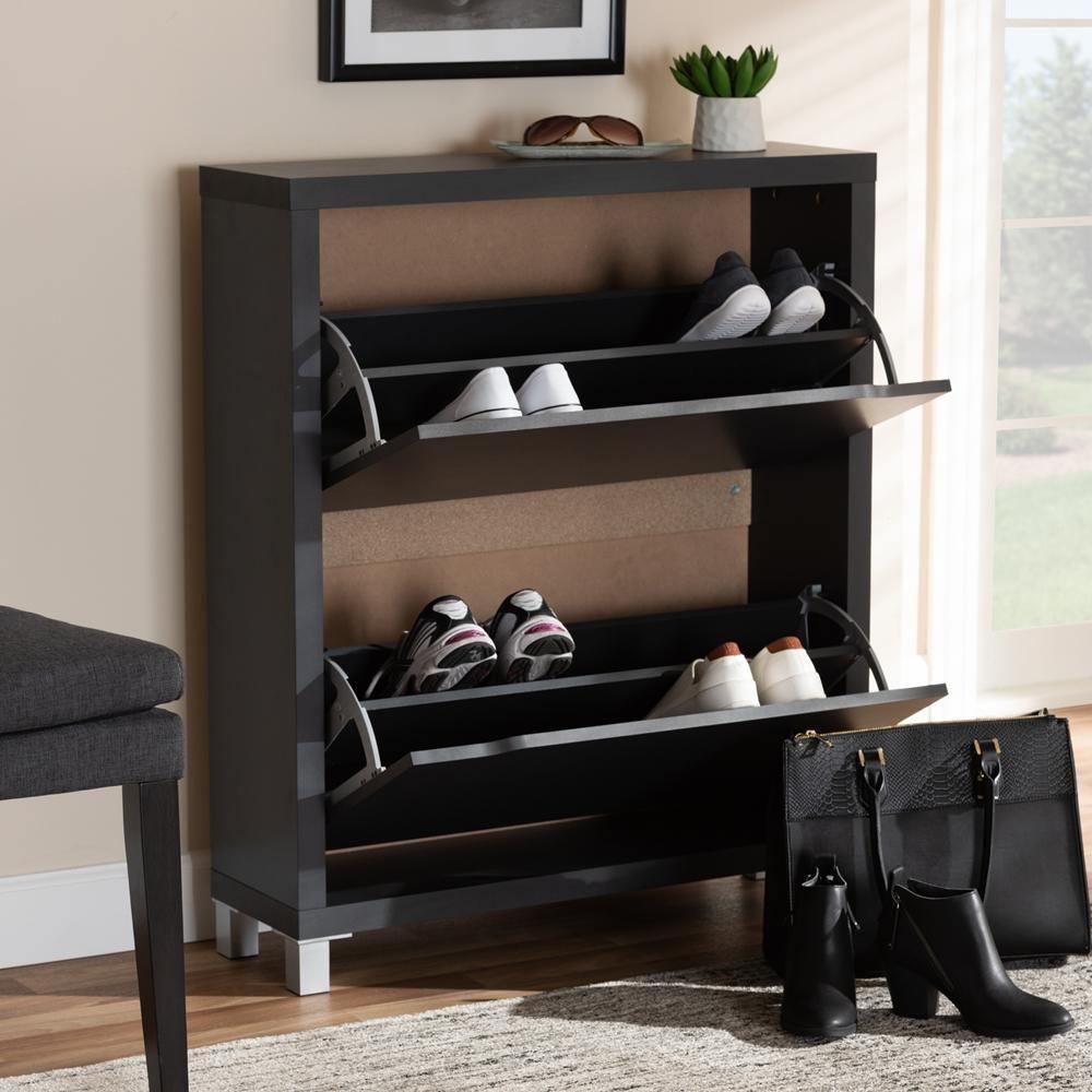 Simms Modern and contemporary Dark Grey Finished Wood Shoe Storage Cabinet with 4 Fold-Out Racks FredCo