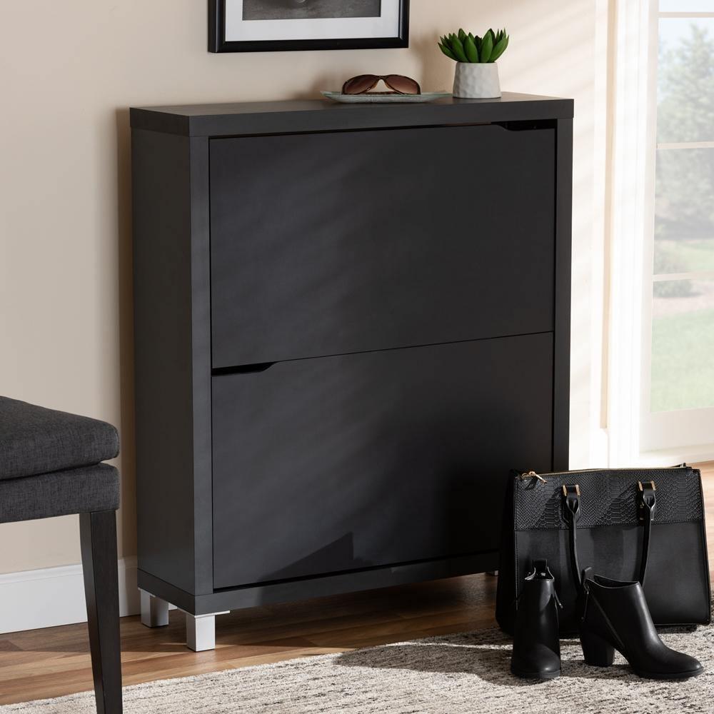 Simms Modern and contemporary Dark Grey Finished Wood Shoe Storage Cabinet with 4 Fold-Out Racks FredCo