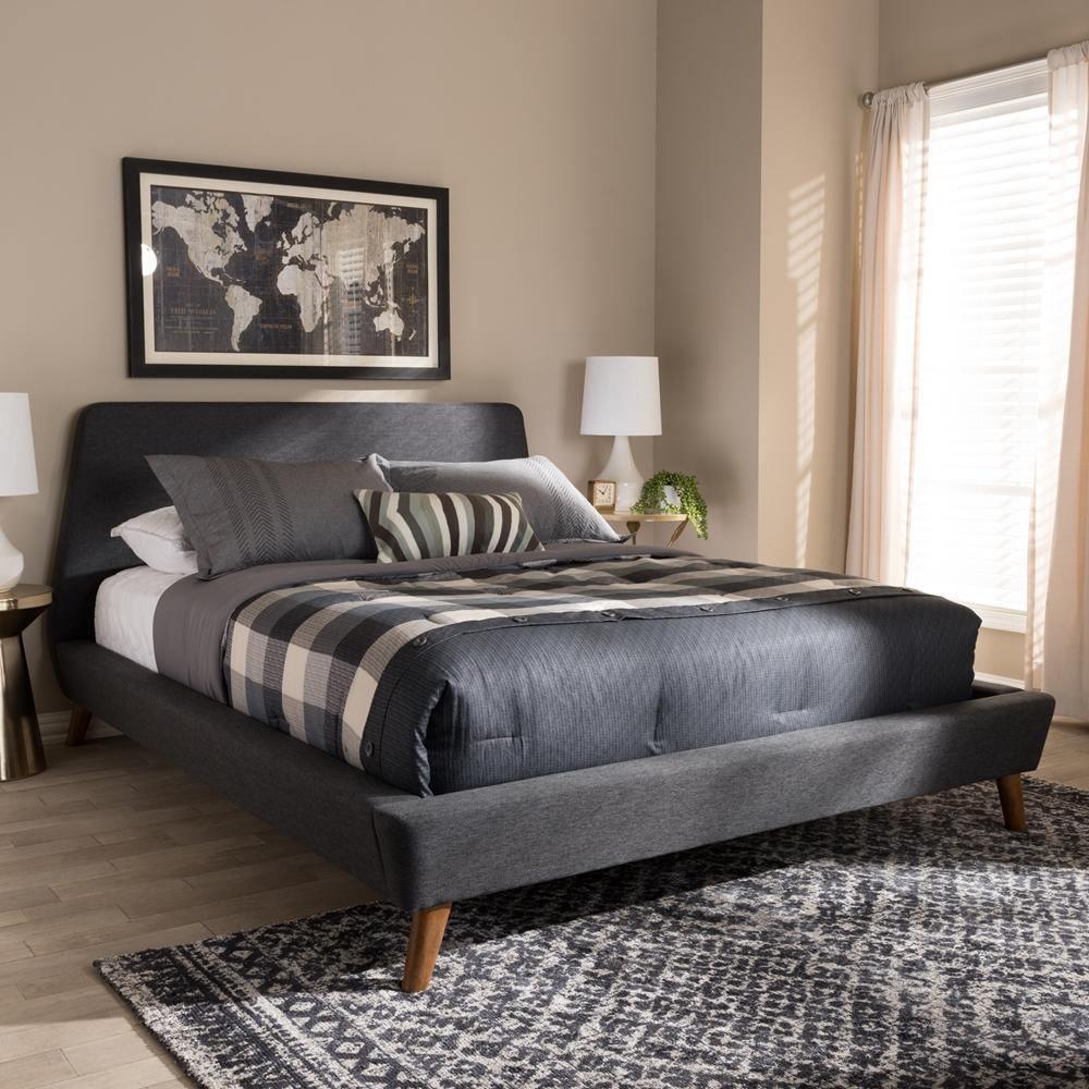 Sinclaire Modern and Contemporary Dark Grey Fabric Upholstered Walnut-Finished Queen Sized Platform Bed FredCo