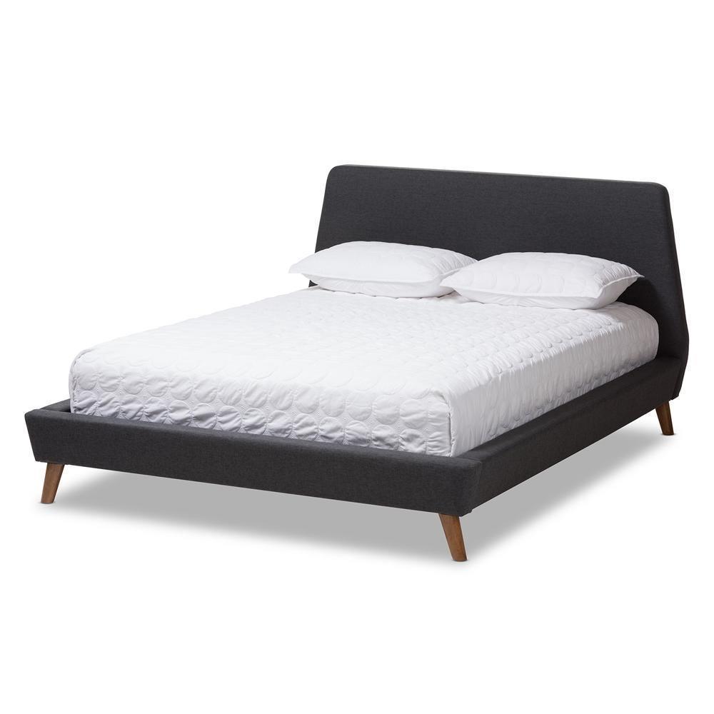 Sinclaire Modern and Contemporary Dark Grey Fabric Upholstered Walnut-Finished Queen Sized Platform Bed FredCo