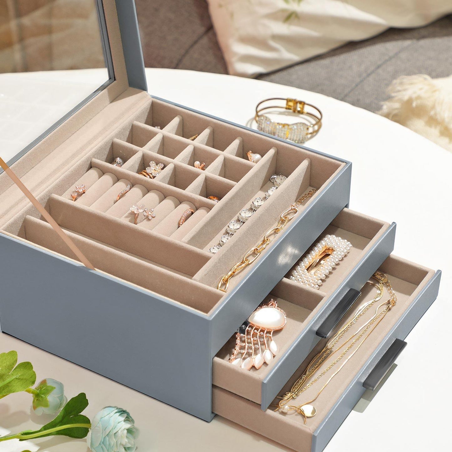 Smoky Blue Jewelry Box with Glass Lid FredCo