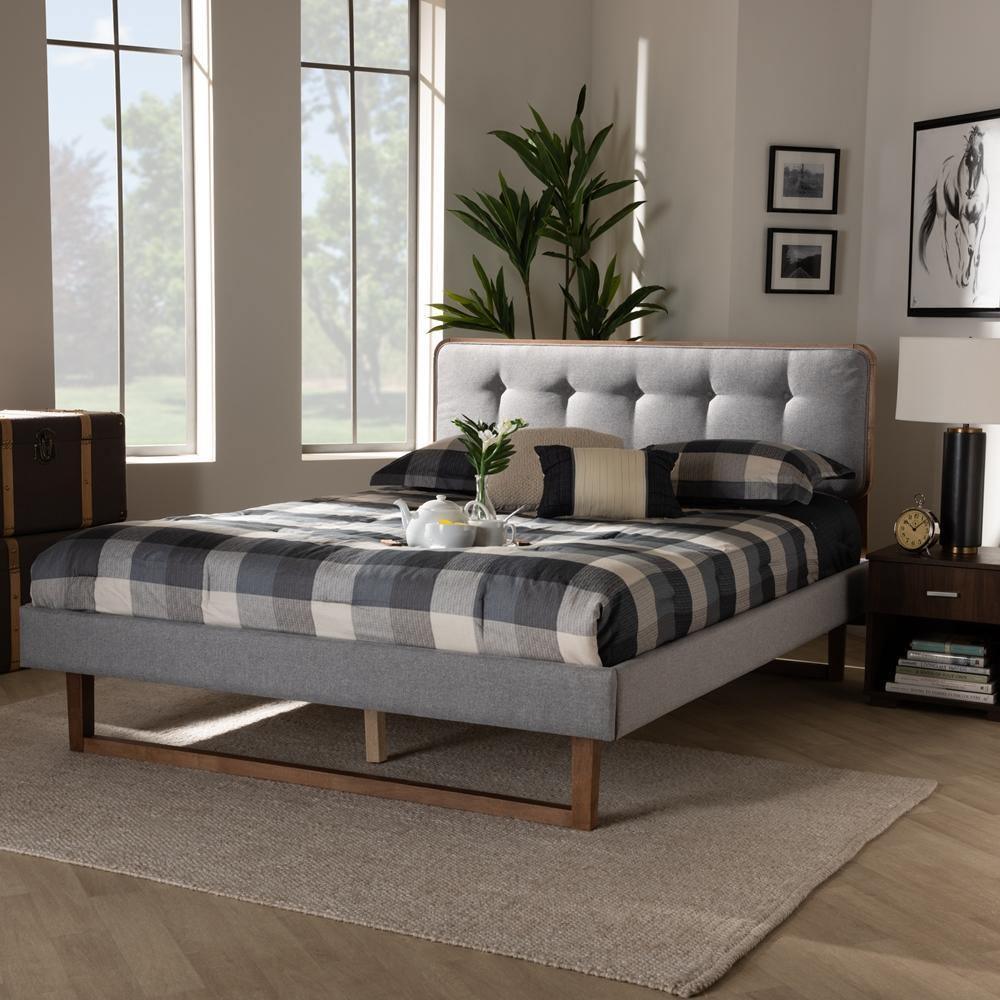 Sofia Mid-Century Modern Light Grey Fabric Upholstered and Ash Walnut Finished Wood Queen Size Platform Bed FredCo
