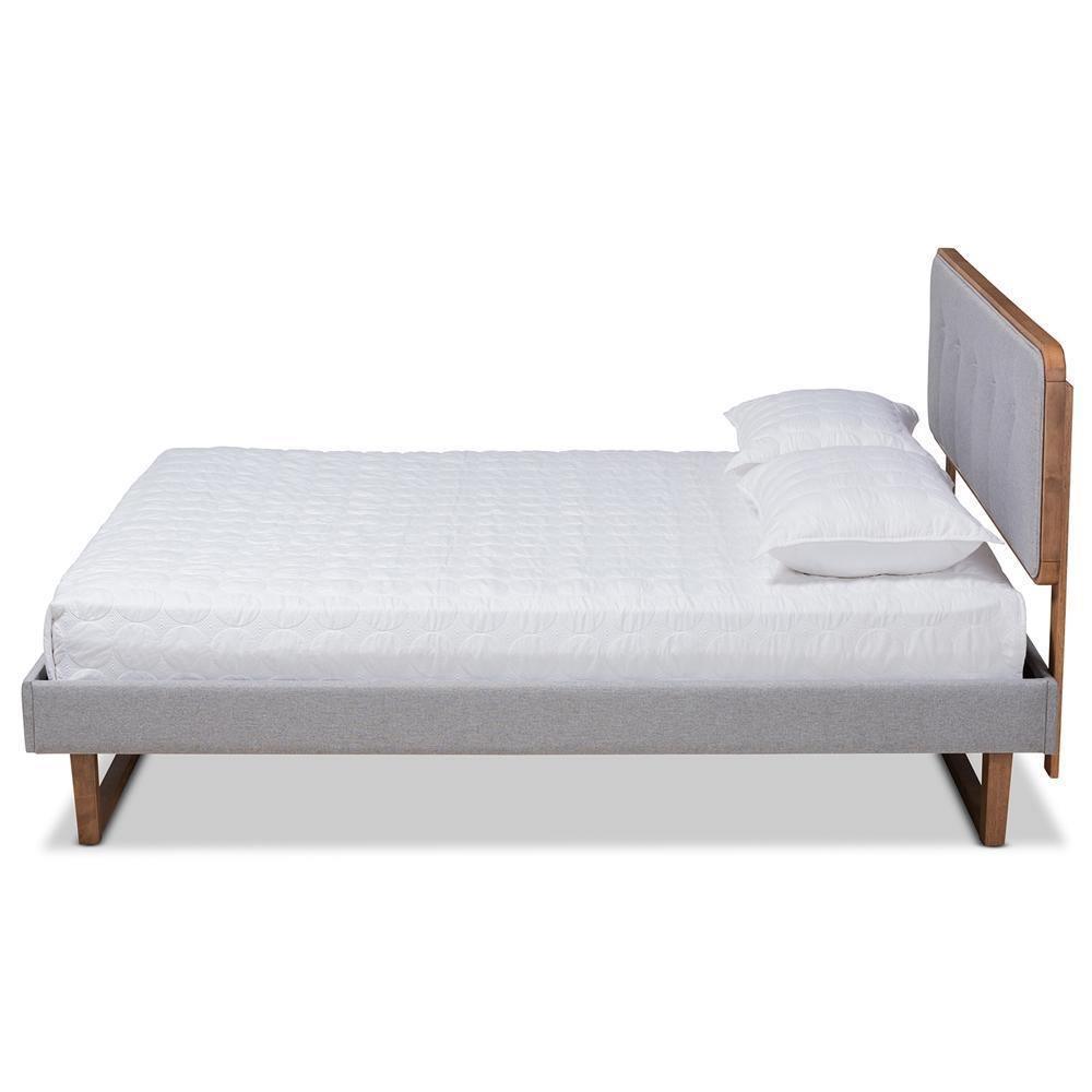 Sofia Mid-Century Modern Light Grey Fabric Upholstered and Ash Walnut Finished Wood Queen Size Platform Bed FredCo