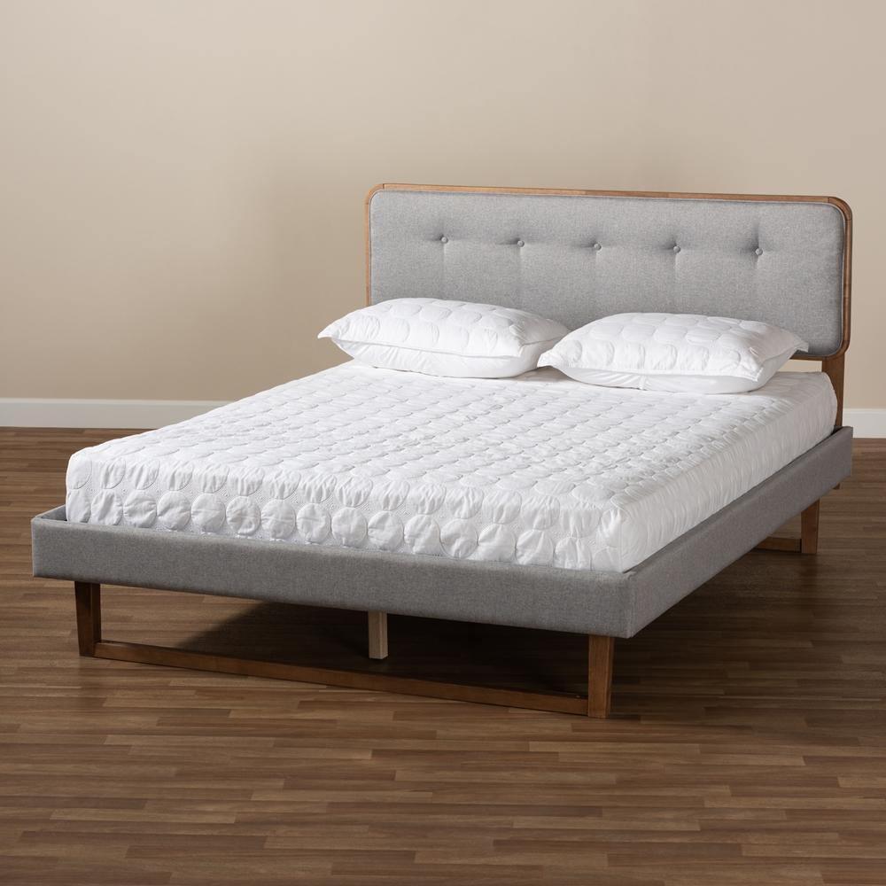 Sofia Mid-Century Modern Light Grey Fabric Upholstered and Ash Walnut Finished Wood Queen Size Platform Bed FredCo