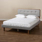 Sofia Mid-Century Modern Light Grey Fabric Upholstered and Ash Walnut Finished Wood Queen Size Platform Bed FredCo