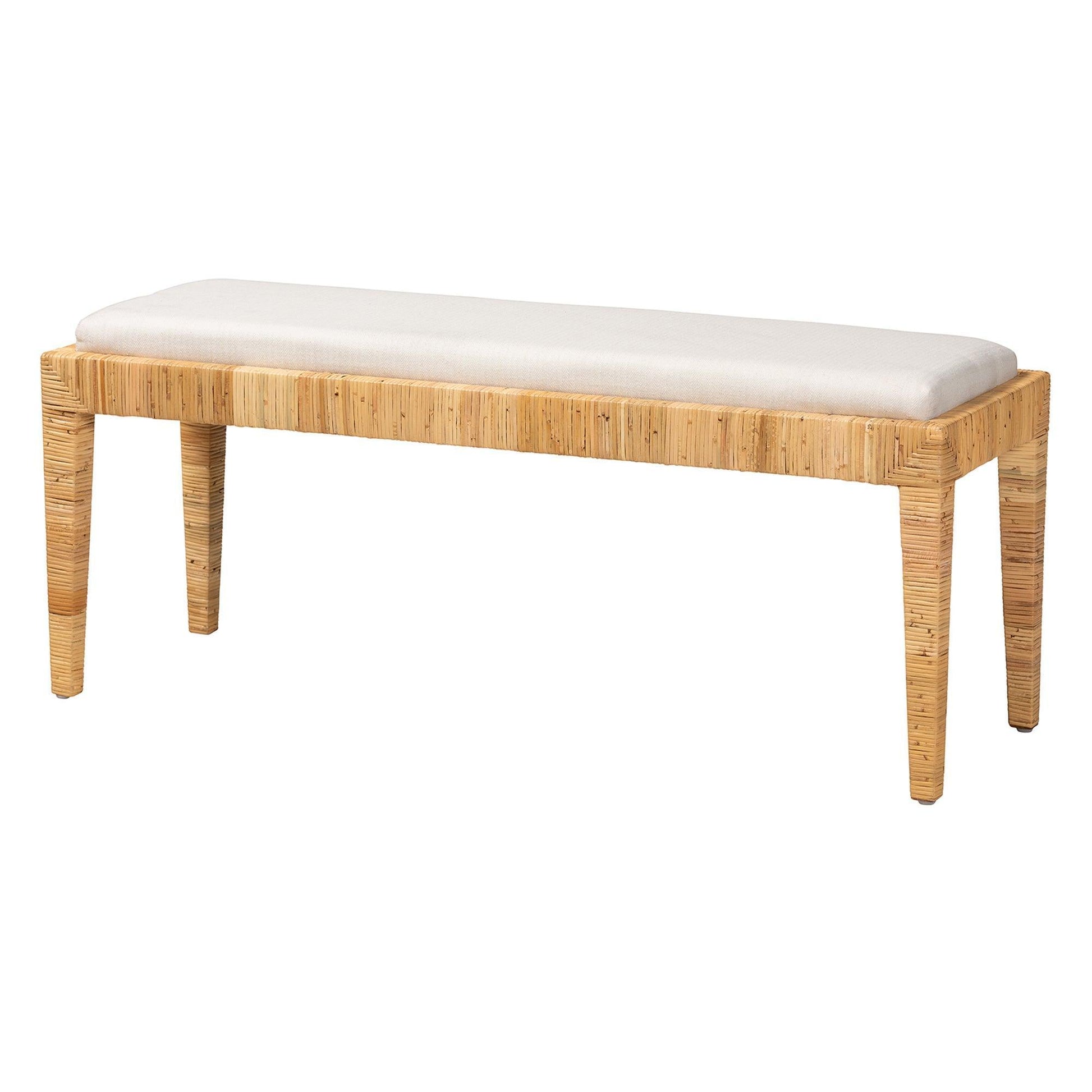 Sofia Modern Bohemian Natural Brown Rattan and Mahogany Wood Bench FredCo