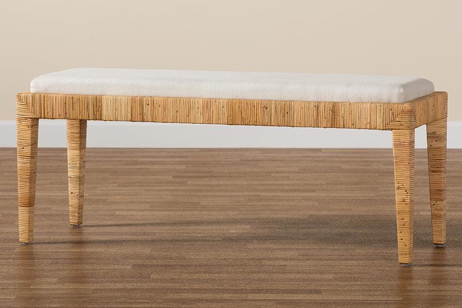 Sofia Modern Bohemian Natural Brown Rattan and Mahogany Wood Bench FredCo