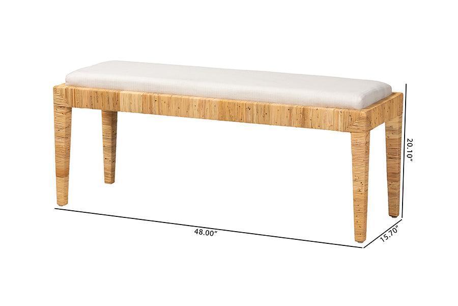 Sofia Modern Bohemian Natural Brown Rattan and Mahogany Wood Bench FredCo