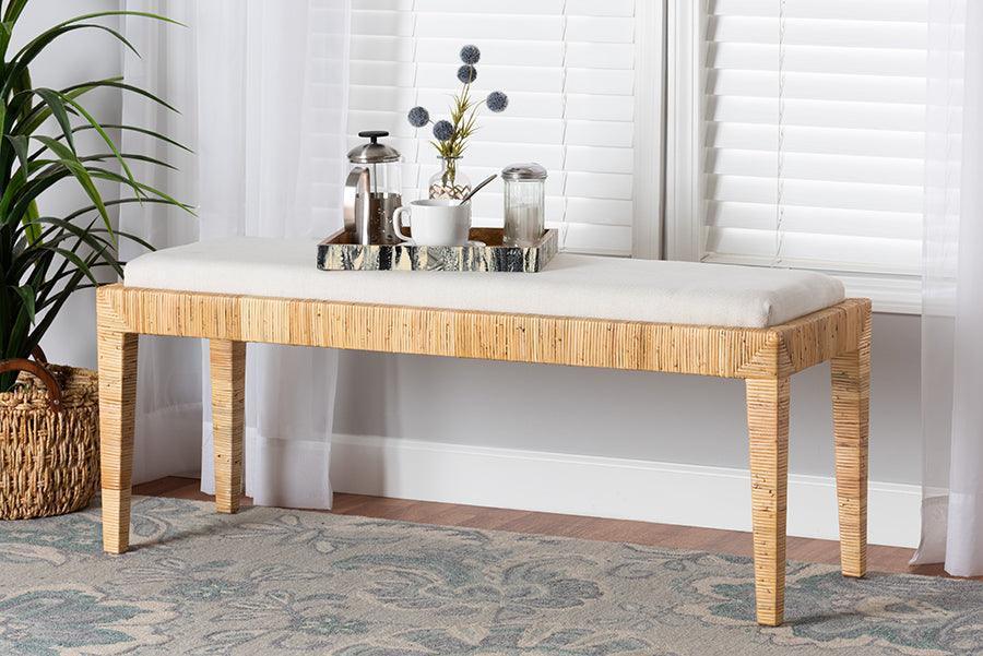 Sofia Modern Bohemian Natural Brown Rattan and Mahogany Wood Bench FredCo