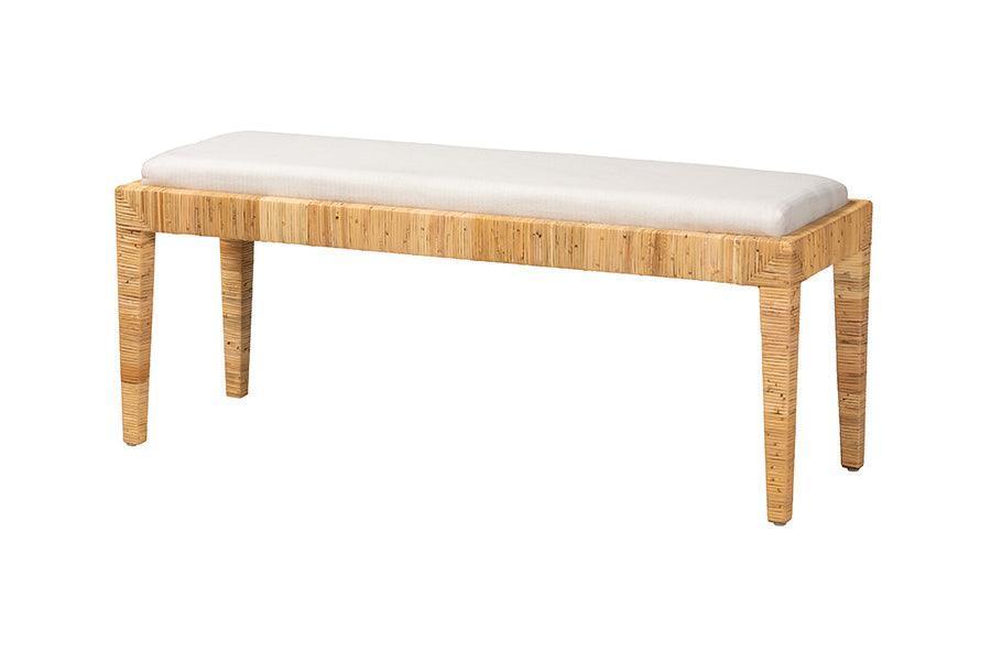 Sofia Modern Bohemian Natural Brown Rattan and Mahogany Wood Bench FredCo