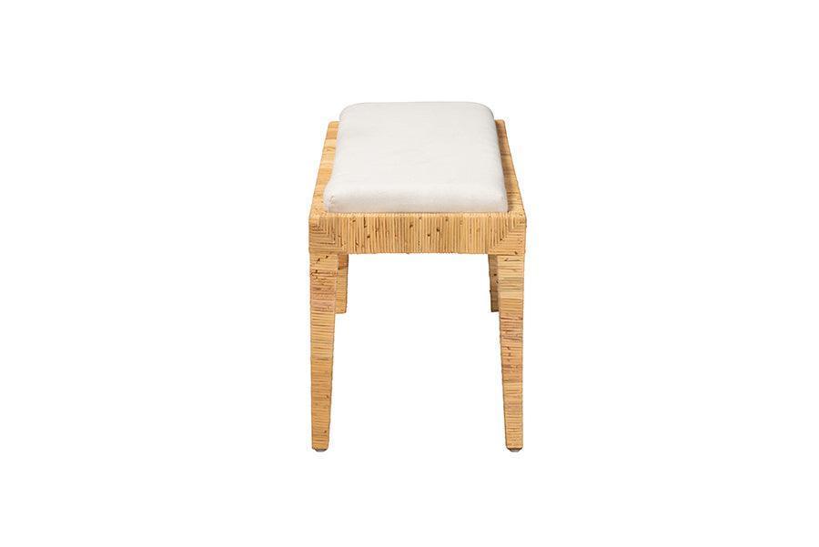 Sofia Modern Bohemian Natural Brown Rattan and Mahogany Wood Bench FredCo