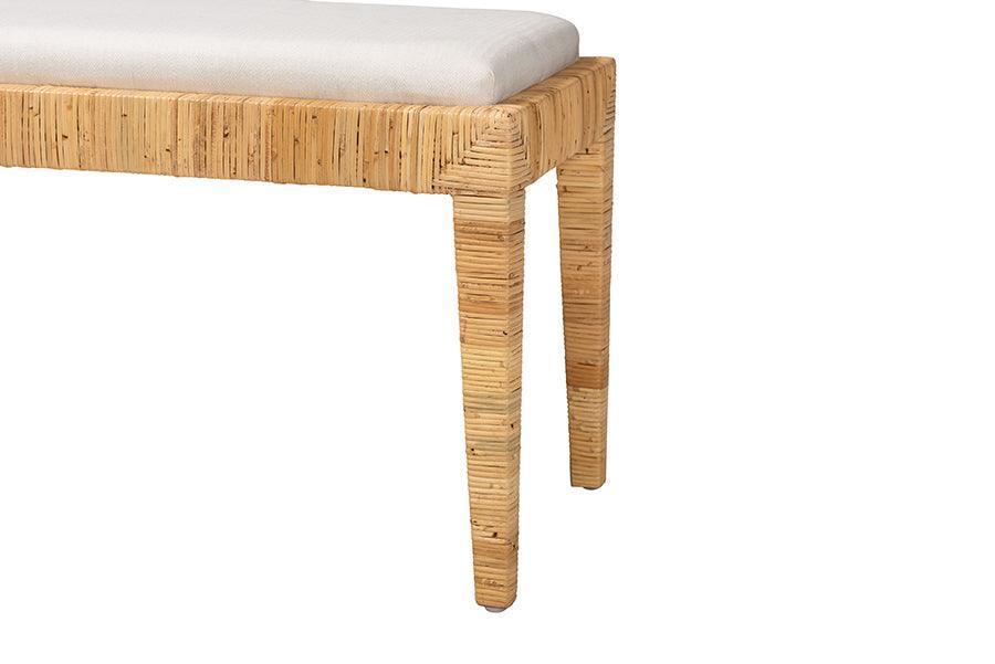 Sofia Modern Bohemian Natural Brown Rattan and Mahogany Wood Bench FredCo