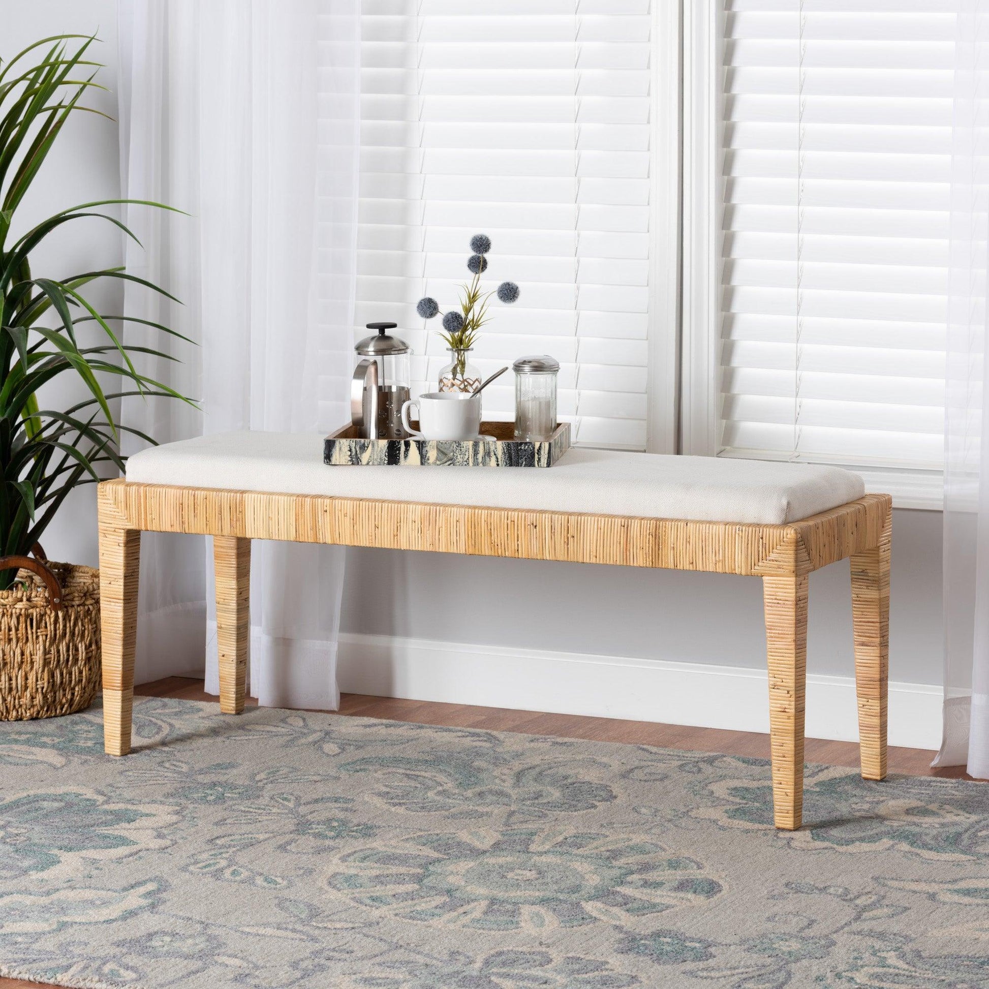 Sofia Modern Bohemian Natural Brown Rattan and Mahogany Wood Bench FredCo