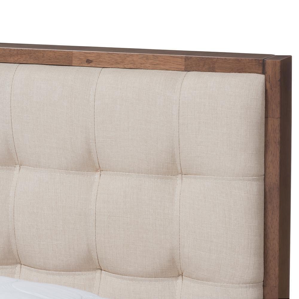 Soloman Mid-Century Modern Light Beige Fabric and Walnut Brown Finished Wood Full Size Platform Bed FredCo