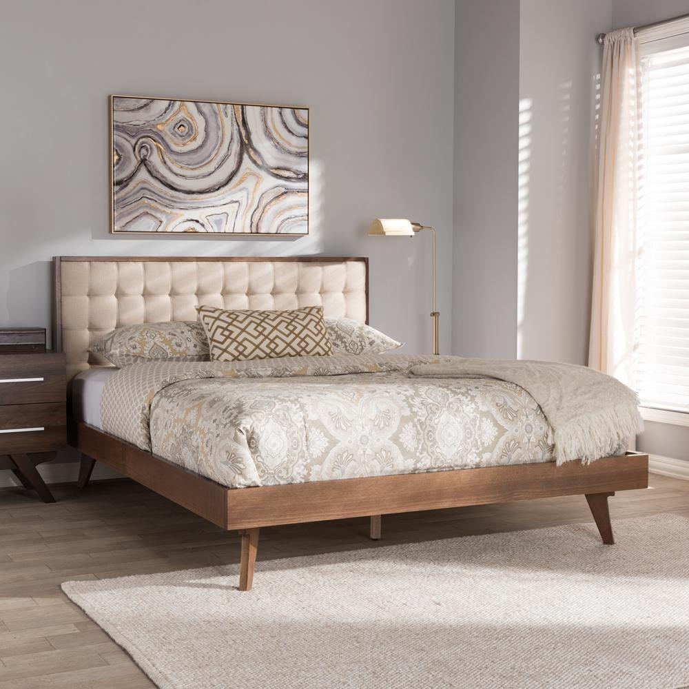 Soloman Mid-Century Modern Light Beige Fabric and Walnut Brown Finished Wood Full Size Platform Bed FredCo