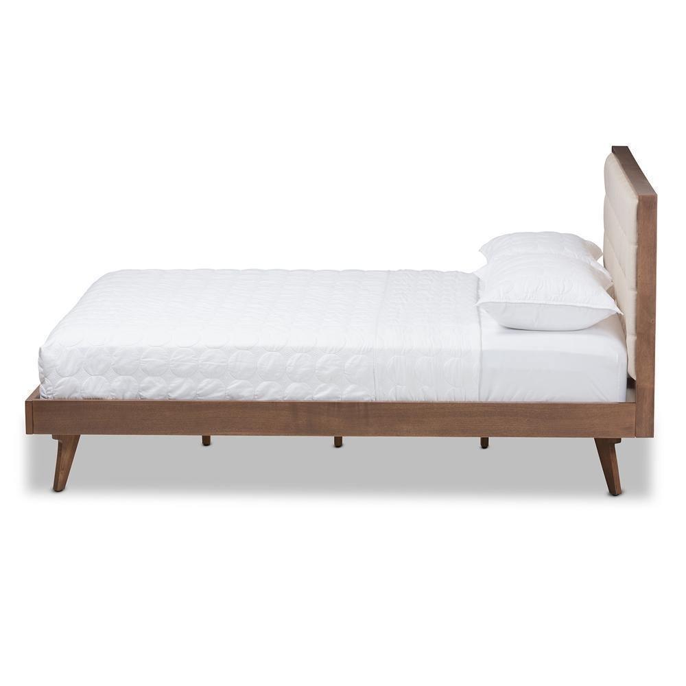 Soloman Mid-Century Modern Light Beige Fabric and Walnut Brown Finished Wood Full Size Platform Bed FredCo
