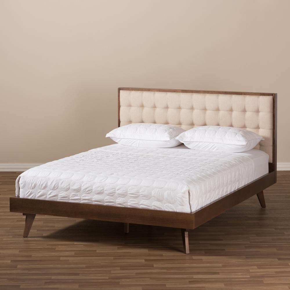 Soloman Mid-Century Modern Light Beige Fabric and Walnut Brown Finished Wood Full Size Platform Bed FredCo
