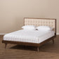 Soloman Mid-Century Modern Light Beige Fabric and Walnut Brown Finished Wood Full Size Platform Bed FredCo