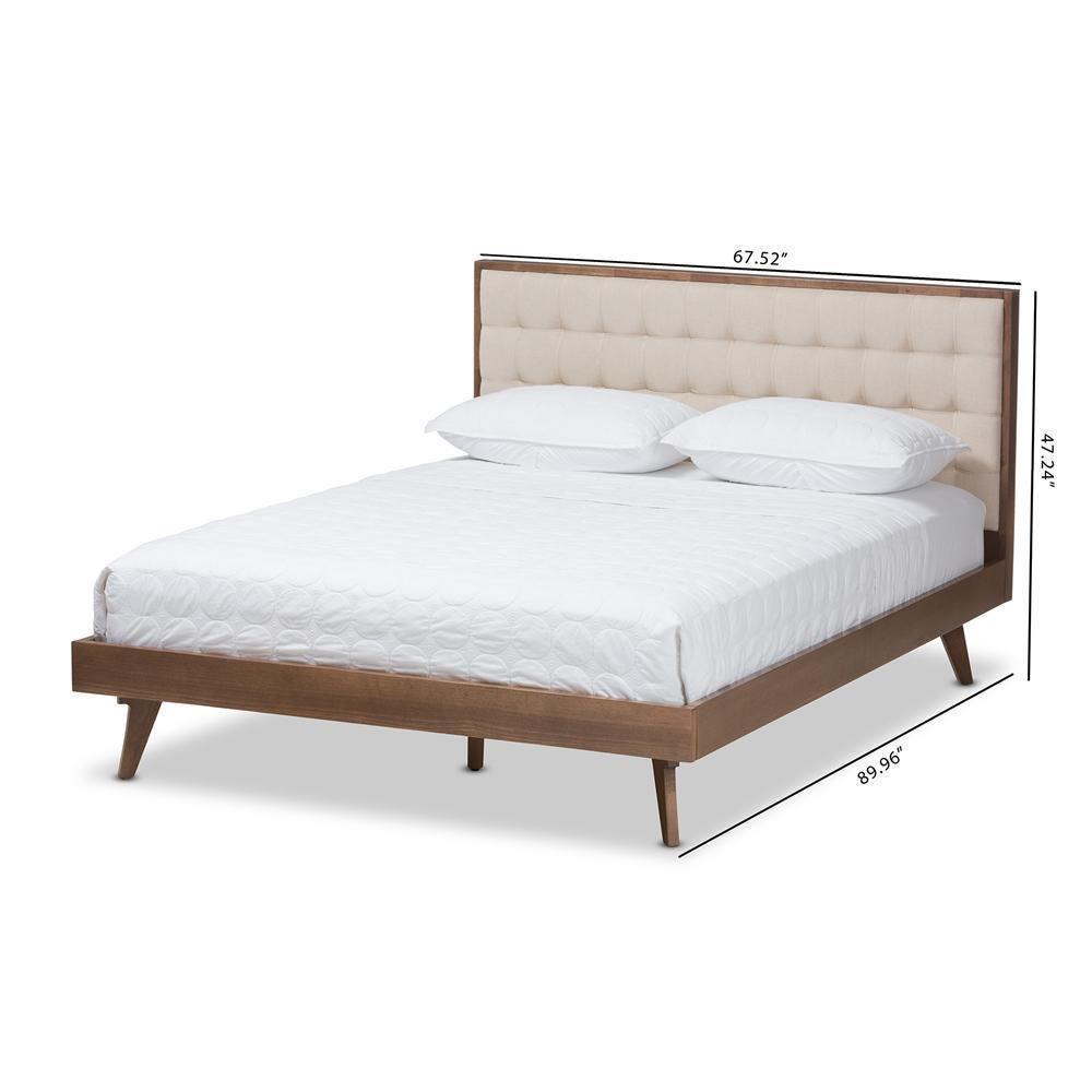 Soloman Mid-Century Modern Light Beige Fabric and Walnut Brown Finished Wood Full Size Platform Bed FredCo