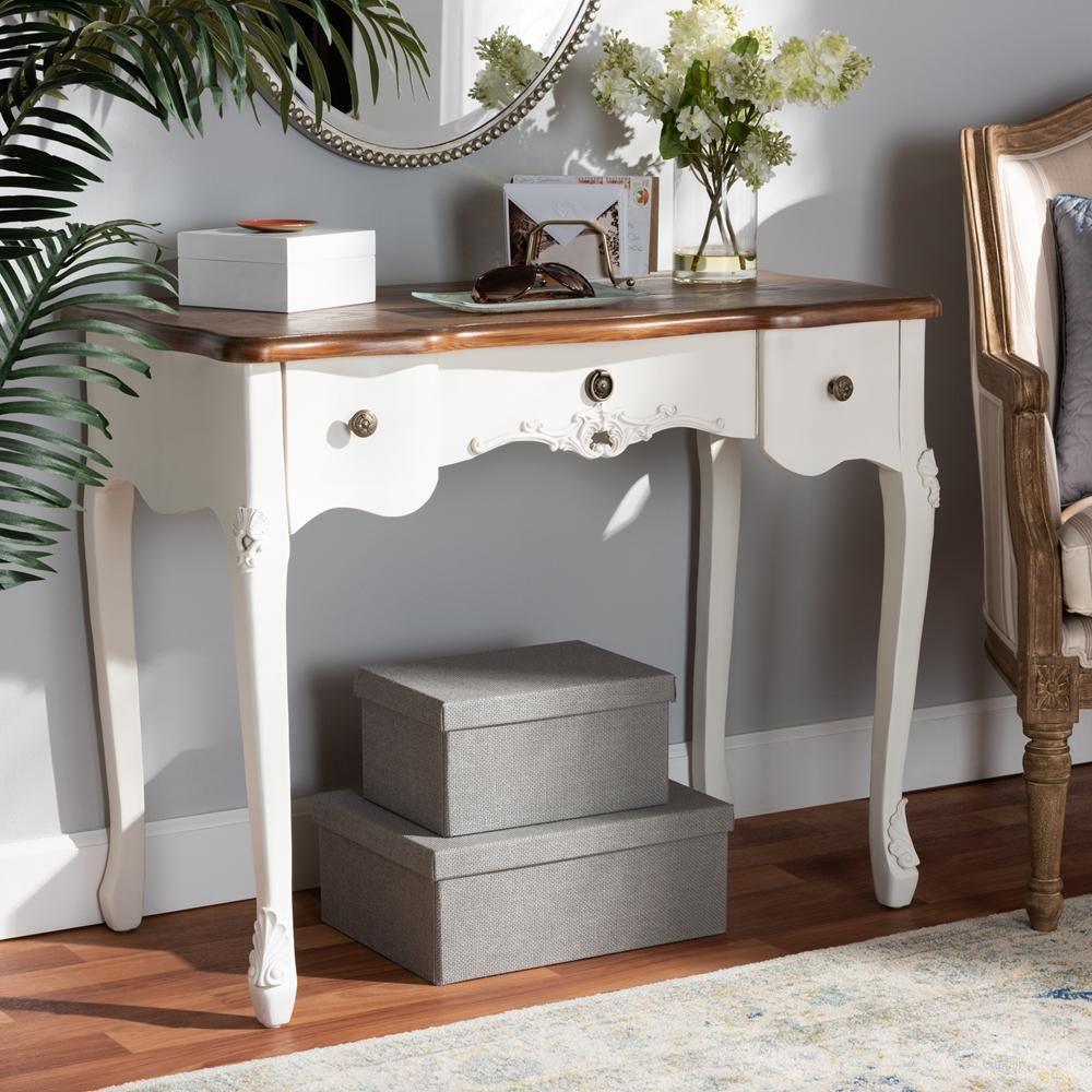Sophie Classic Traditional French Country White and Brown Finished Small 3-Drawer Wood Console Table FredCo