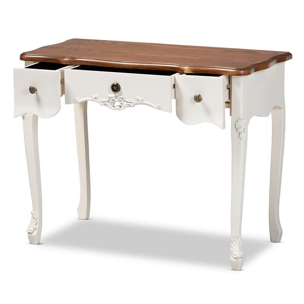 Sophie Classic Traditional French Country White and Brown Finished Small 3-Drawer Wood Console Table FredCo