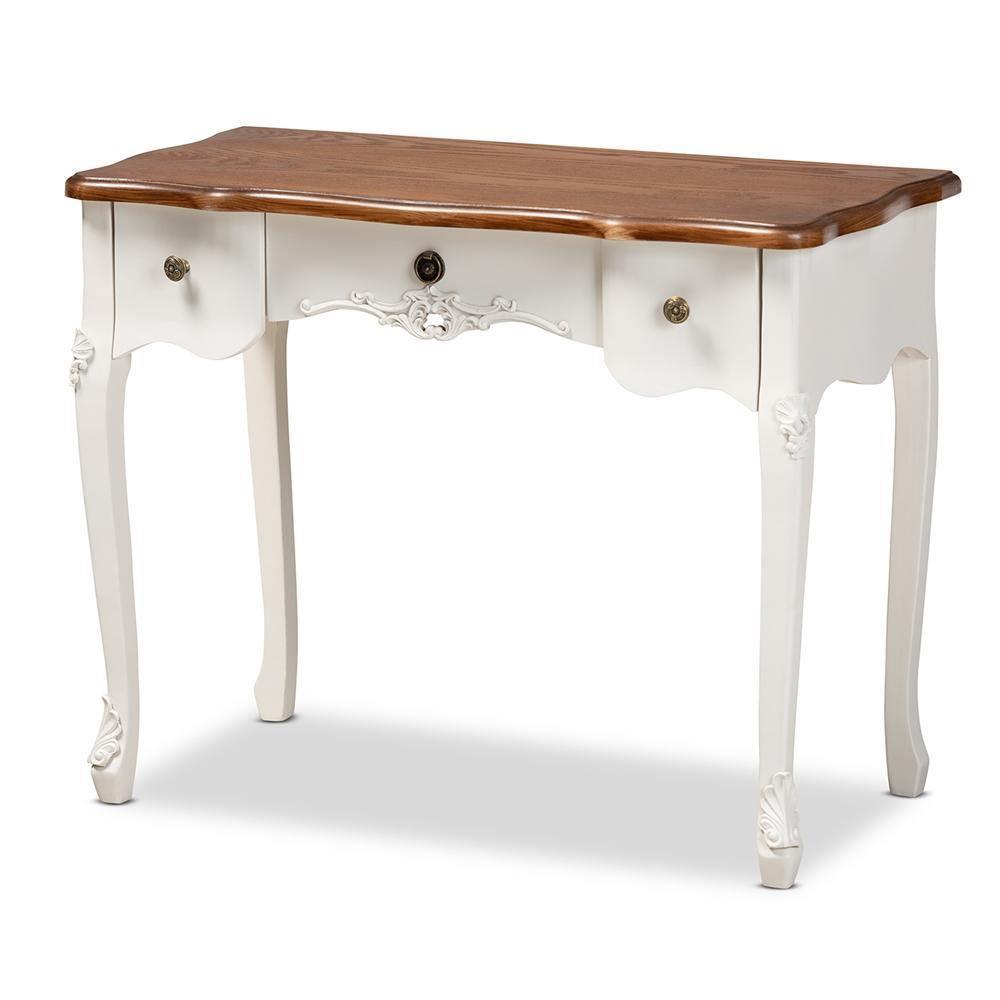 Sophie Classic Traditional French Country White and Brown Finished Small 3-Drawer Wood Console Table FredCo