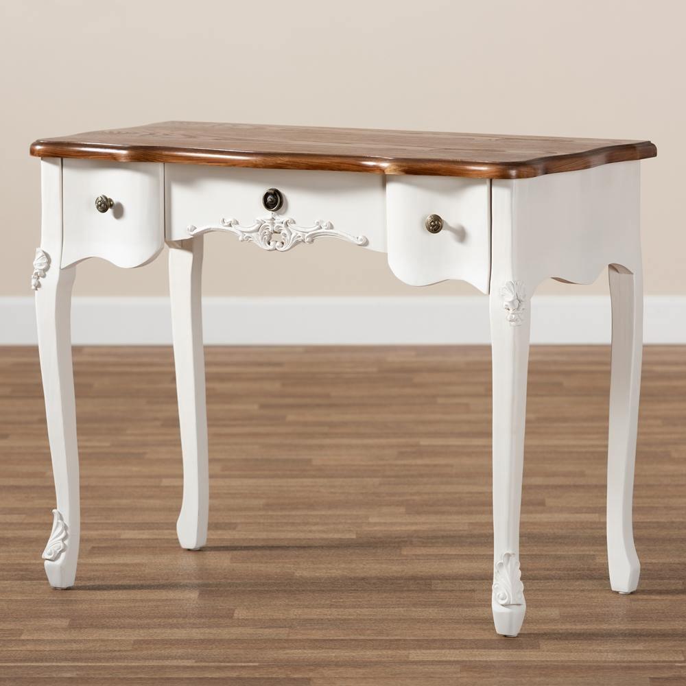 Sophie Classic Traditional French Country White and Brown Finished Small 3-Drawer Wood Console Table FredCo