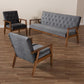 Sorrento Mid-century Modern Grey Velvet Fabric Upholstered Walnut Finished 3-Piece Wooden Living Room Set FredCo