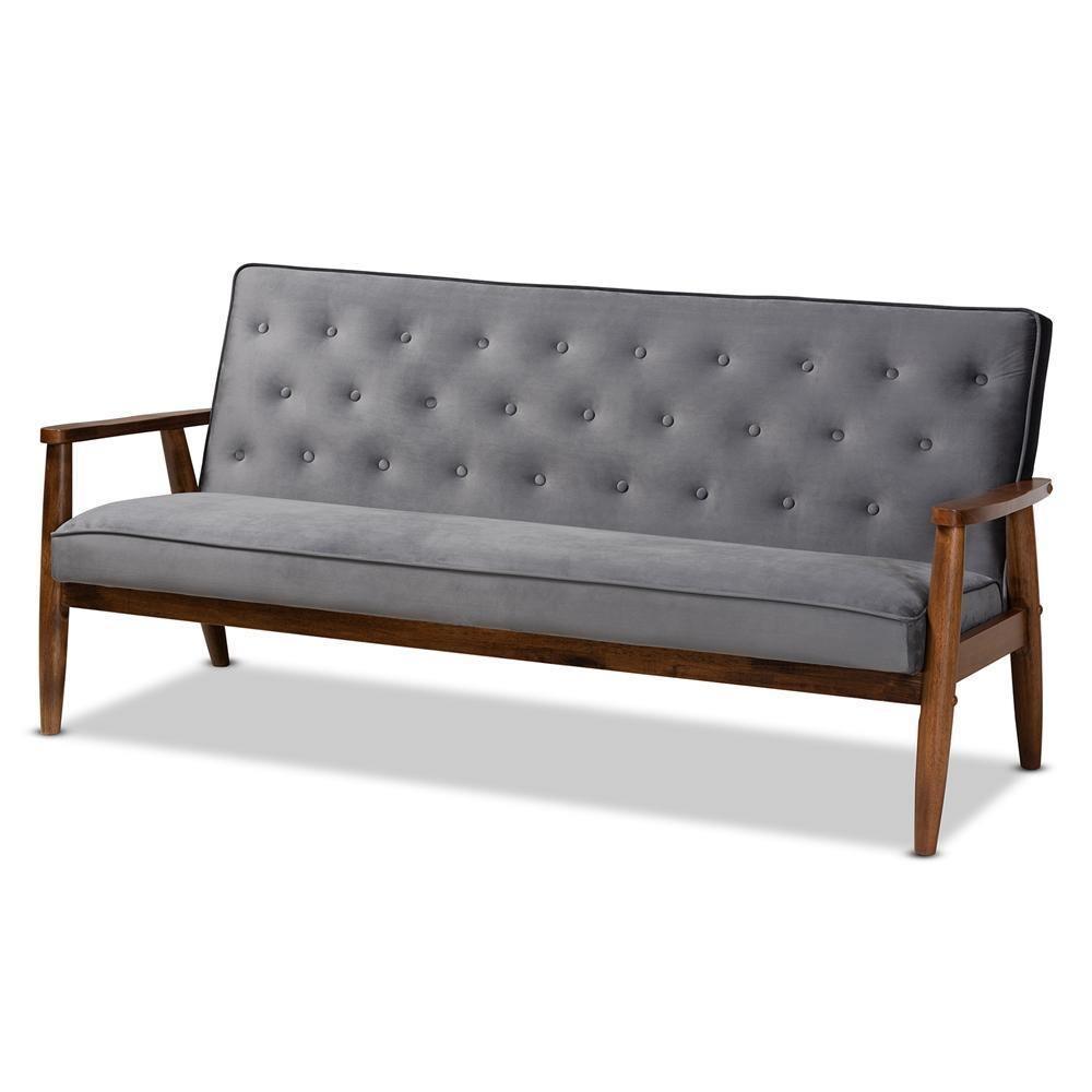 Sorrento Mid-century Modern Grey Velvet Fabric Upholstered Walnut Finished Wooden 3-seater Sofa FredCo