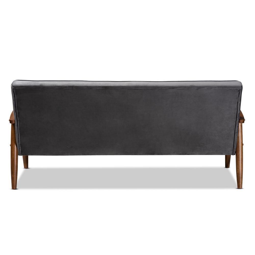 Sorrento Mid-century Modern Grey Velvet Fabric Upholstered Walnut Finished Wooden 3-seater Sofa FredCo