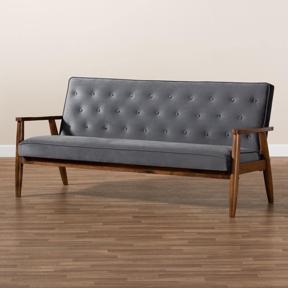 Sorrento Mid-century Modern Grey Velvet Fabric Upholstered Walnut Finished Wooden 3-seater Sofa FredCo