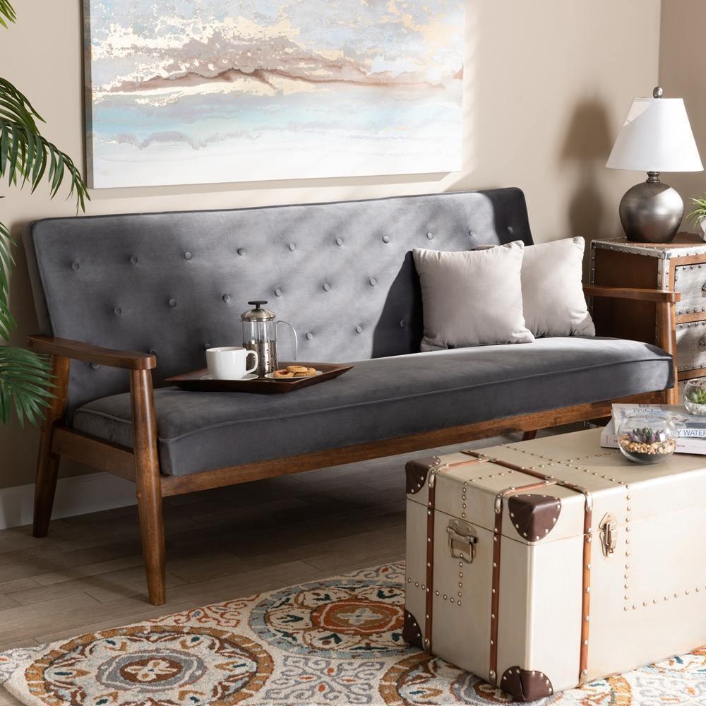 Sorrento Mid-century Modern Grey Velvet Fabric Upholstered Walnut Finished Wooden 3-seater Sofa FredCo